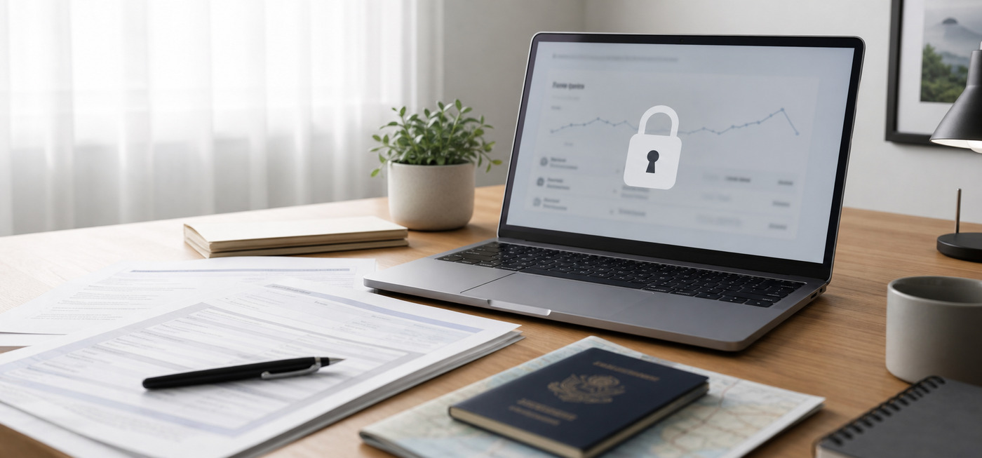 A laptop with a generic locked finance dashboard beside compliance documents and travel papers.